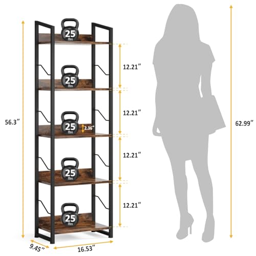 Hosfais 5 Tier Tall Bookshelf: Industrial Wood Book Shelf with Edge Protection Metal Narrow Bookshelf Bookcase Storage Organizer Display Rack for Living Room Home Office (Rustic Brown) - color: Rustic Brown