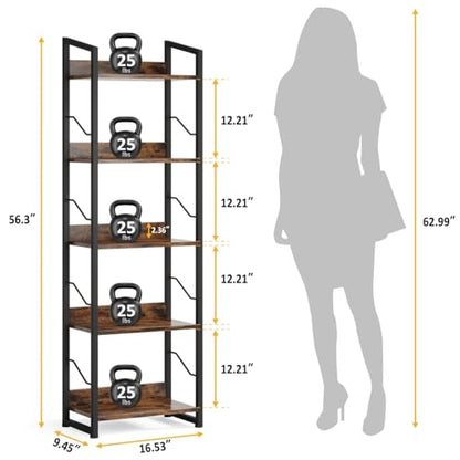 Hosfais 5 Tier Tall Bookshelf: Industrial Wood Book Shelf with Edge Protection Metal Narrow Bookshelf Bookcase Storage Organizer Display Rack for Living Room Home Office (Rustic Brown) - color: Rustic Brown