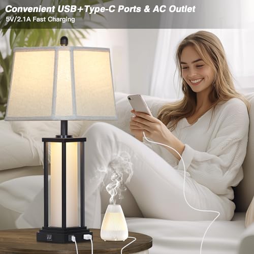 Cinkeda 27" Tall Vintage Table Lamp Set of 2 with USB C+A & Outlet,Black Industrial End Table Lamp for Living Room,Farmhouse Rustic Bedside Lamps with Bell Lampshades for Bedroom Nightstand,Black - color: Black Base-Square shades