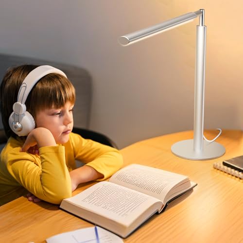 Silver LED Desk Lamp, 16" Dimmable Metal Desk Light with Base, 15W 1200LM, Adapter Included, Color & Brightness Adjustable, Modern Tall Table Lamp for Home Office Reading Study Task Laptop - color: Silver