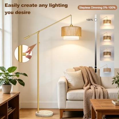 【Upgraded】Boho Dimmable Floor Lamp with Adjustable Swing Arm, 1100 Lumens Bulb Included, Modern Standing Lamp with Rattan & Fabric Shades, Tall Arc Floor Lamp for Living Room Bedroom, Gold, Heavy Base - color: Bohemian-Gold-Heavy Base
