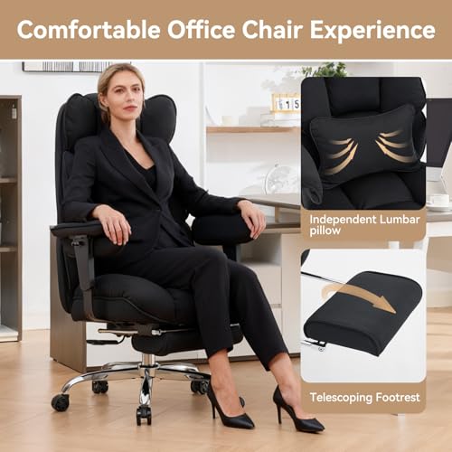 Efomao Executive Office Chair, Mesh Black Fabric Big and Tall Desk Chair | Breathable fabric, pocket spring & foam seat, retractable footrest, 135° recline for computer gaming setup - color: 3084mus-black