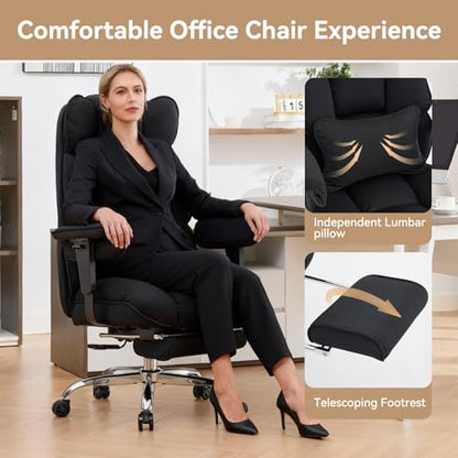 Efomao Executive Office Chair, Mesh Black Fabric Big and Tall Desk Chair | Breathable fabric, pocket spring & foam seat, retractable footrest, 135° recline for computer gaming setup - color: 3084mus-black