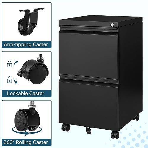 MIIIKO 2 Drawer File Cabinet on Wheels, Home Office Mobile Under Desk with Lock, Vertical Files Drawers for Legal/Letter/A4,Fully Assembled - color: Black, size: 2 Drawer-14.57"W -Mobile-b