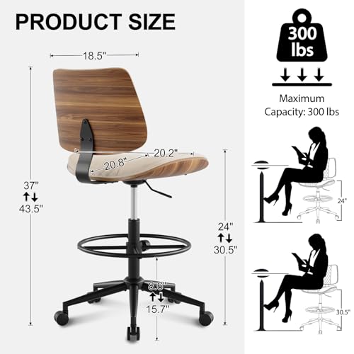 Drafting Chair with Adjustable Footrest, Rolling Walnut Stool, Beige - color: Beige