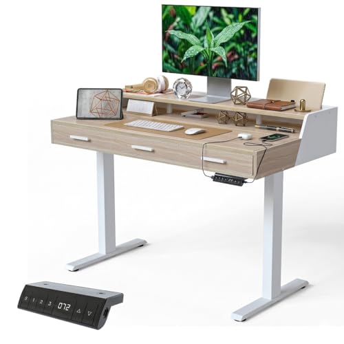 CubiCubi Standing Desk 48x26 Inches with 3 Wood Drawers and Monitor Shelf, Ergonomic Rising Home Office Desks, Height Adjustable Computer Desk, Sit Stand Up Electric Workstation Table, Pale Walnut - color: Pale Walnut, size: 48" x 26"