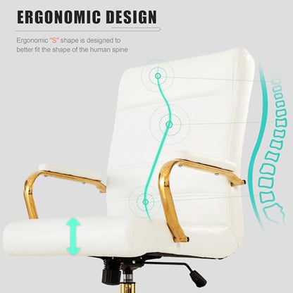 Office Desk Chair,Modern Leather Conference Room Chairs,High Back Home ofiice Chair,Adjustable Height Swivel Executive Computer Chair with Armrest and Padded Seat,White/Gold - color: White/Gold Frame