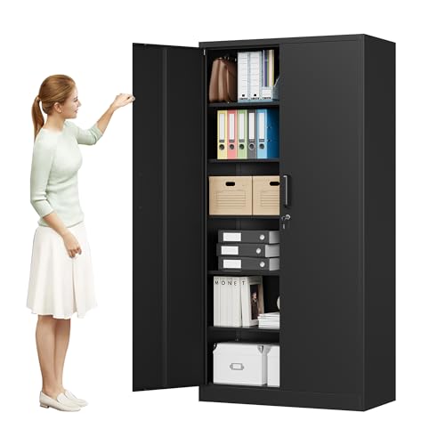 MIIIKO Metal Storage Cabinet with Locking Doors, Black Garage 5 Shelves, 18'' Deep Locker for Garage, Industrial, Commercial, Workshop and Basement - color: Black, style: 72"H-Handle