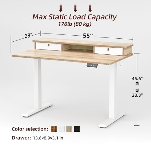 TIQLAB Standing Desk with Two Drawers, Stand Up Standing Desk Adjustable Height, Electric Sit Stand Table with Storage Shelf and Splice Board, 55 * 28 inch, Maple - color: Maple, size: 55*28 inch without keyboard tray