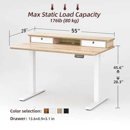 TIQLAB Standing Desk with Two Drawers, Stand Up Standing Desk Adjustable Height, Electric Sit Stand Table with Storage Shelf and Splice Board, 55 * 28 inch, Maple - color: Maple, size: 55*28 inch without keyboard tray