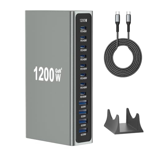 1200W GaN4 USB C Desktop Charging Station with 6.6FT 240W Cable, 12-in-1 Multiport Fast Charger Hub with Stand, 7X PD 140W Multi-Device Power Station for Laptops Tablets and Phones - size: 1200WGaN4