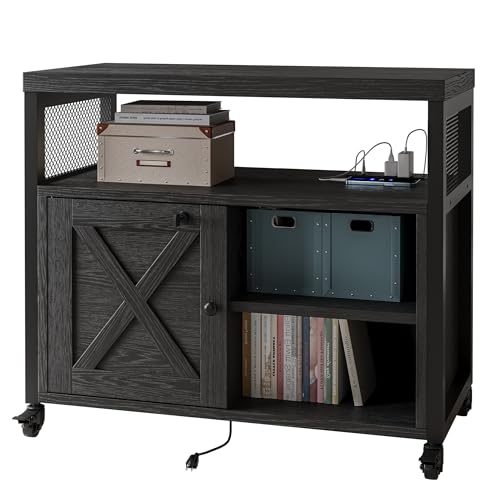 FUSUNBAO Farmhouse Printer Stand with Storage, Rolling Printer Cabinet with Shelves, Charge Station, Wheels, and File Cabinet for Home Office Storage (Black) - color: Black