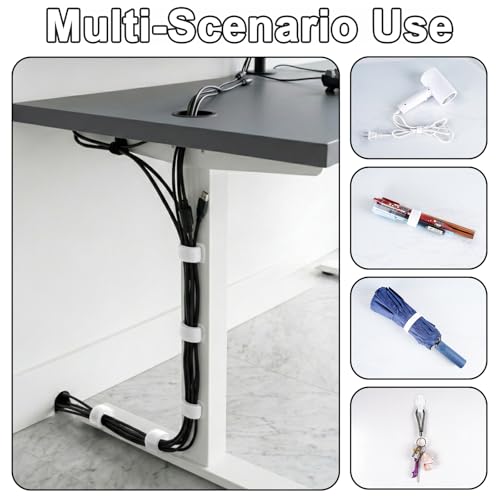 Under Desk Cable Management, Self-Adhesive Hook and Loop Straps, Adjustable Reusable Wire Organizer for Home Office Essentials (20 Pairs) - color: White