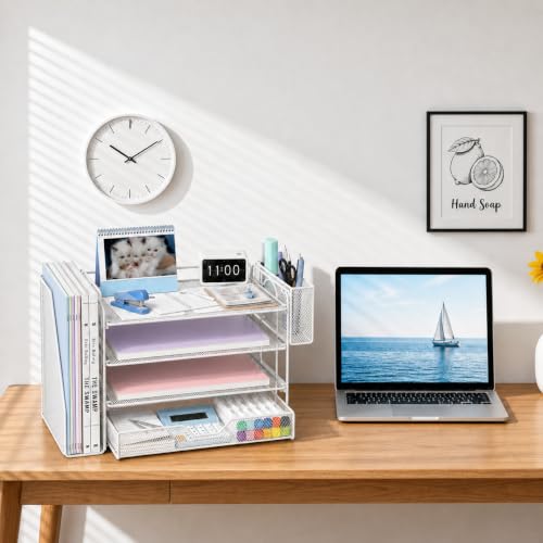 OPNICE Desk Organizers and Accessories, 4-Tier Desktop File Organizer with Drawer and Pen Holders, Office Desk Accessories Workspace Organizers for Office Supplies (Soft White) - color: Soft White, size: 4T