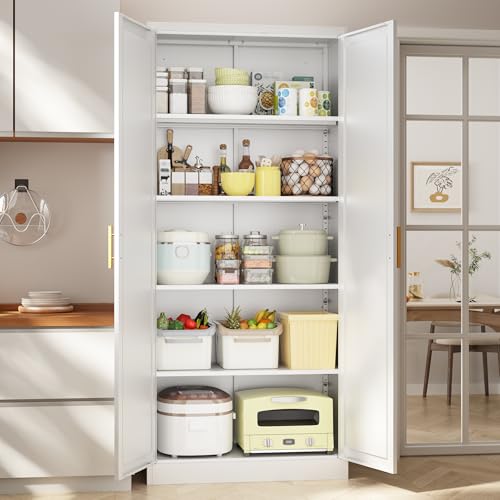 BESFUR Kitchen Pantry Cabinet,71” Metal Tall Pantry Storage Cabinet with Doors and 4 Adjustable Shelves,Kitchen Storage Cabinets White Freestanding Food Cabinet for Pantries, Kitchen - color: White, size: 71"H x 28"W x 14"D