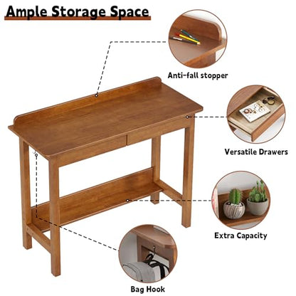 Solid Wood Desk with Drawers, 39 x 16 Inch Narrow Desk with 2 Drawers, Bookshelf & 2 Hooks, Writing & Computer Desk for Small Spaces, Mid Century Modern Desk - Walnut - color: Walnut, size: 39.4 in W x 15.7 in D