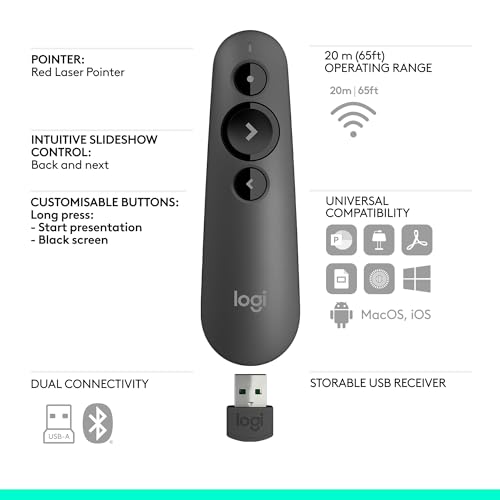 Logitech Wireless Presenter R500s, PowerPoint Clicker with Laser Pointer, Wireless Presentation Clicker Remote - color: Red Laser, style: 3 buttons