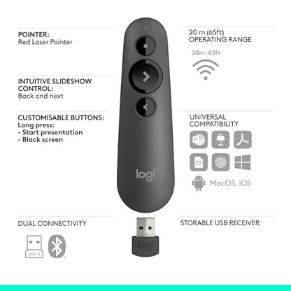 Logitech Wireless Presenter R500s, PowerPoint Clicker with Laser Pointer, Wireless Presentation Clicker Remote - color: Red Laser, style: 3 buttons