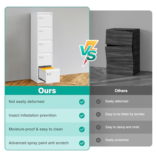 SISESOL 5 Drawer File Cabinet with Lock,White Narrow Vertical File Cabinet Five Drawer,Tall Office Filing Cabinets,Metal Filing Cabinets for Home Office,Fit A4,Legal,Letter Size,-Assembly Required - color: White, style: 5 Drawer