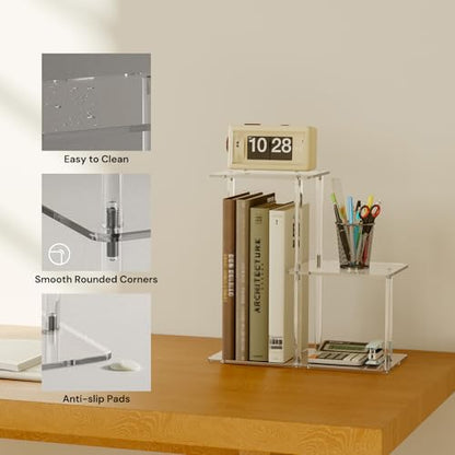 Acrylic Desktop Bookshelf, 7.9" D x 15" W x 15.3" H, Small Desktop Shelves Organizer, 3-Tier Clear Mini Table Top Shelf for Office Supplies and Desk Accessories, Easy Assembly
