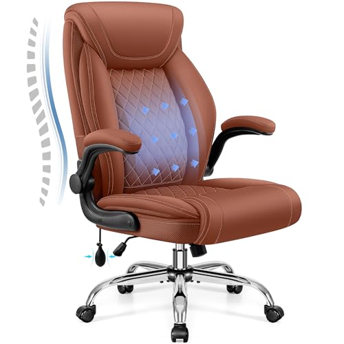 BestGlory Executive Office Chair with Lumbar Support, Big and Tall Ergonomic Computer Desk Chair, Leather Comfy High Back Gaming Chair with Flip Up Arms & Rocking Function for Home Office, Brown - color: Brown, size: 1 Pack