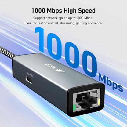 BENFEI USB-C to Ethernet Gigabit Adapter with 100W Power Delivery, Thunderbolt 3/4 to RJ45 Ethernet LAN Network Adapter Compatible with iPhone 15 Pro/Max, MacBook Pro/Air 2023, iMac - size: 1 Pack, style: Gigabit adapter + PD