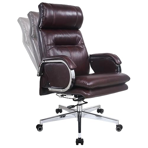 Genuine Leather Modern Executive Chair High-Back Support 90 to 150 Degrees Tilt and Upholstered Home Desk Chair with Base 360LB Capacity Swivel Computer Office Chair (Brown) - color: Brown