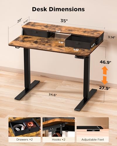 FiCiHi 35x20 Inch Electric Standing Desk, 2 Drawers, Adjustable Height Desk - color: Rustic Brown, size: 35"x20" (Standard)