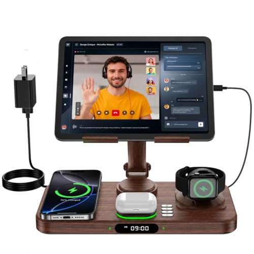 6 in 1 Wireless Charger for Apple Multiple Devices, Charging Station with Clock &7 Color Ambient Light, Foldable Rotate Stand for iPad, for iPhone18/17/16/15, Support for Apple Watch12/11 For AirPods5 - color: Wood Grain