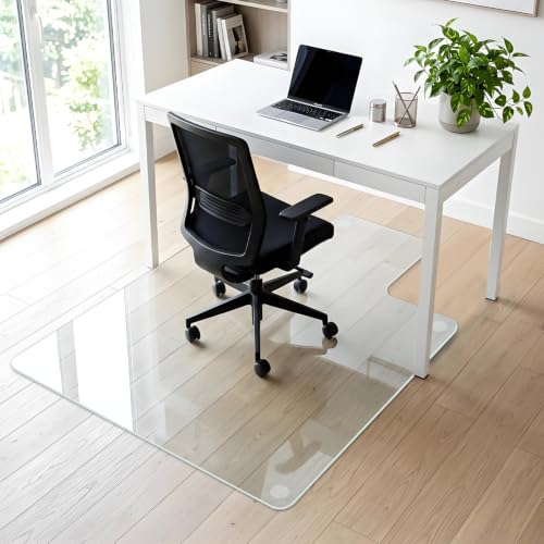 Tempered Glass Chair Mat with Lip, 36" x 47" Heavy Duty Office Chair Mat for Carpet & Hardwood Floors, Clear Floor Protector for Rolling Chairs, Supports up to 1200 lbs, 12 Anti-Slip Pads