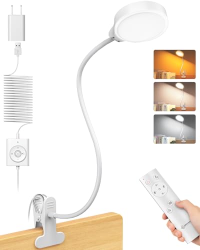 Glocusent 5W Desk Lamp with Remote, 3 Colors & 5 Brightness Reading Lights | Flexible Gooseneck Clip on Lamp, 30-Min Timer Reading Lamp, Perfect Clip on Light for Bunk,Bed,Headboard,Table,Work,Craft - color: White with Remote