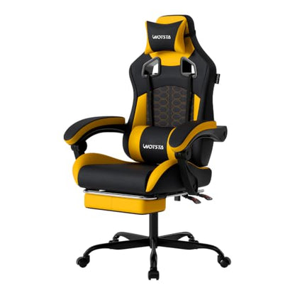 Gaming Chair with Massage,Ergonomic PC Gaming Chair with Footrest Comfortable Headrest and Lumbar Support,High Back Game Chair PVC Leather,300LBS (Sunflower Yellow) - color: Sunflower Yellow