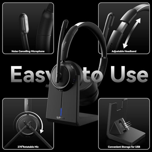 LEVN Wireless Headset with Mic for Work, Bluetooth Headset with Microphone (Noise Cancelling), 65 Hrs Working Time 2.4G Wireless Headphones with Mic for Work/Call Center/PC/Computer/Laptop/Teams/Zoom