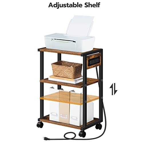 HOOBRO Industrial Printer Stand with Charging Station, 3-Tier Printer Table, Rolling Printer Cart with Adjustable Shelf and Hook, Rustic Brown and Black BF28UPS01 - color: Rustic Brown + Black
