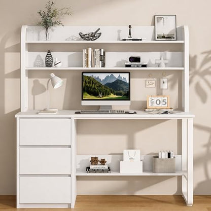 MaverickFurni 55 Inch White Computer Desk with Hutch and 3 Drawers - color: White, size: 55"W