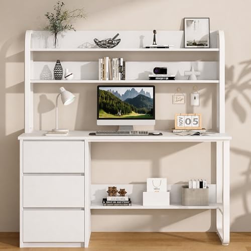 MaverickFurni 55 Inch White Computer Desk with Hutch and 3 Drawers - color: White, size: 55"W