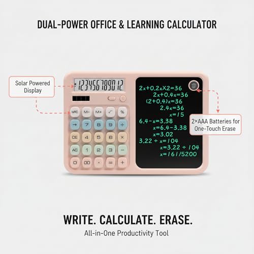 Calculator with Writing Tablet, Desktop Calculator with LCD Notepad, 12-Digit Large Display, Dual Power (Solar & AAA Battery), Erasable Memo Pad with Stylus for Office Finance School (Pink) - color: Pink