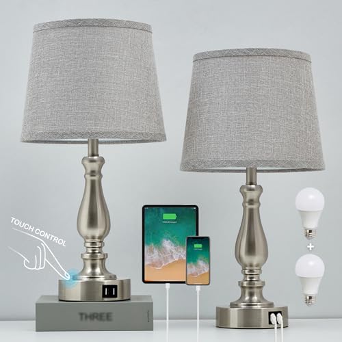 EJIAXIN Table Lamps for Bedroom Set of 2,Dimmable Touch Bedside Lamps with Dual USB A+C Ports - Nightstand Lamp for End Table Modern Night Stand Lamps for Living Room Guest Room - color: Grey Shade and Brushed Nickel Base