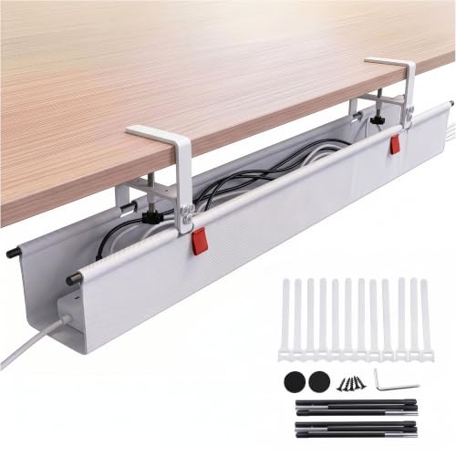 Under Desk Cable Management Tray 48" — No Drill Clamp-On Cord Organizer for Desk with Built-in Ties, Heavy Duty Metal Clamp, Foldable 600D Oxford Fabric for Home Office, WFH & Gaming PC Setup (White) - color: White, size: 48 x 5,2 x 5,3