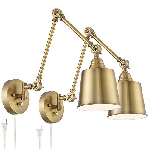 Mendes Antique Brass Swing Arm Plug-In Wall Lamps Set of 2 Light Fixture | Modern Adjustable Up Down Metal Shade for Bedroom Bedside House Reading Living Room Home Hallway Dining