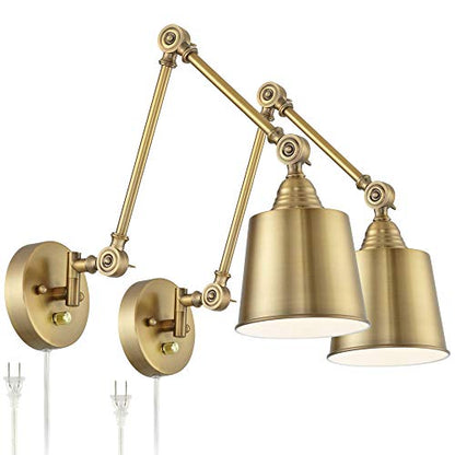 Mendes Antique Brass Swing Arm Plug-In Wall Lamps Set of 2 Light Fixture | Modern Adjustable Up Down Metal Shade for Bedroom Bedside House Reading Living Room Home Hallway Dining