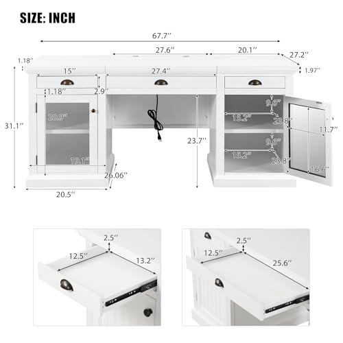 Executive Desk with Power Outlets & USB Charging Station, 67.7" Computer Desk with 3 Drawers & 2 Cabinets Glass Doors, Modern Wood Home Office Desk for Bedroom,Living Room,Study Room, White
