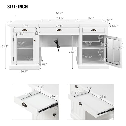 Executive Desk with Power Outlets & USB Charging Station, 67.7" Computer Desk with 3 Drawers & 2 Cabinets Glass Doors, Modern Wood Home Office Desk for Bedroom,Living Room,Study Room, White