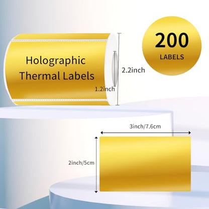 3x2 Inch Holographic Thermal Labels, Gold Thermal Sticker Labels, Rainbow Glitter Stickers for Price, Barcode, Mailing, Name, DIY Custom Logo Design, 200 Pcs/1 Roll - color: Holographic Gold, size: 2*3 inch