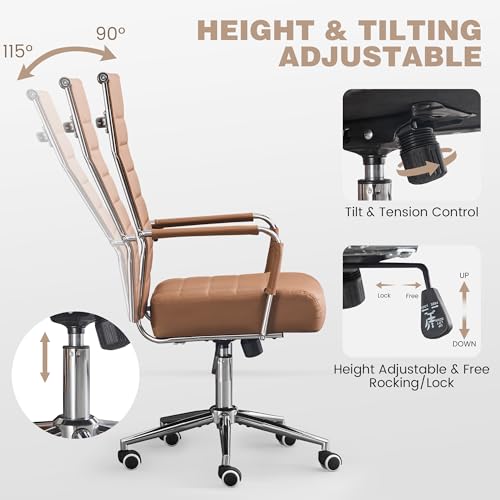 JOMEED Office Desk Chair,Conference Room Chair,High Back PU Leather Swivel | Modern Executive Ribbed Design, Ergonomic, Height Adjustable, Wheels and Arms, for Home Office(Brown-Silver Frame) - color: Brown-sliver Frame