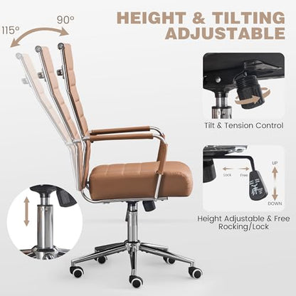 JOMEED Office Desk Chair,Conference Room Chair,High Back PU Leather Swivel | Modern Executive Ribbed Design, Ergonomic, Height Adjustable, Wheels and Arms, for Home Office(Brown-Silver Frame) - color: Brown-sliver Frame