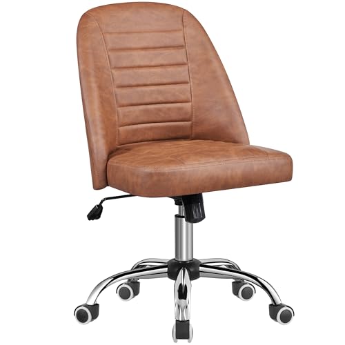 Yaheetech Retro Brown Faux Leather Armless Swivel Rolling Vanity Desk Chair | Compact faux leather seat fits small vanity, sewing or office desks; adjustable height, swivels on smooth wheels, fast setup. - color: Retro Brown