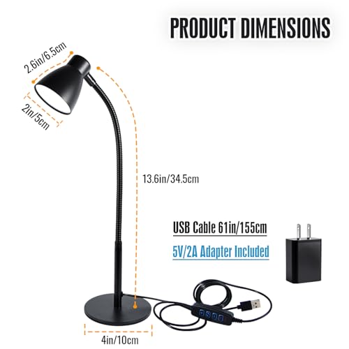 Small Dimmable Gooseneck LED Desk Lamp for Home Office, CRI 90+ Eye-Caring Reading Light, Adjustable Brightness, Perfect for Study Desk (Adapter Included)