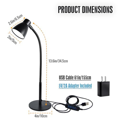 Small Dimmable Gooseneck LED Desk Lamp for Home Office, CRI 90+ Eye-Caring Reading Light, Adjustable Brightness, Perfect for Study Desk (Adapter Included)
