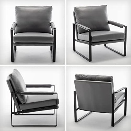 Modern Faux Leather Accent Chair, Upholstered Armchair with Metal Frame, Thick Seat Cushion and Oversized Back Pillow, Easy-Clean Lounge Chair for Living Room, Bedroom, Office and Reception - color: Dark Grey